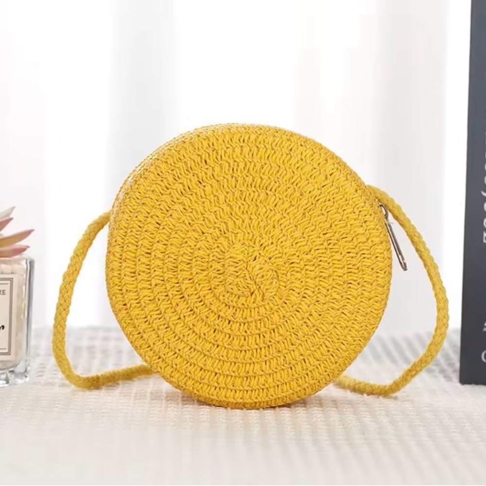 Round Yellow Woven Straw Raffia Round Crossbody Bag Purse Summer Handbag Bright